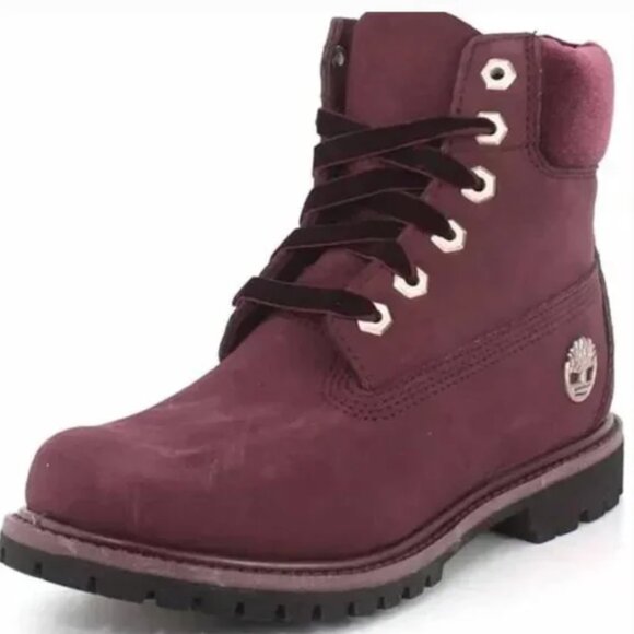 Timberland Special Edition Velvet Accent Leather Boots Burgundy *Flawed Size 6.5 - Picture 1 of 10